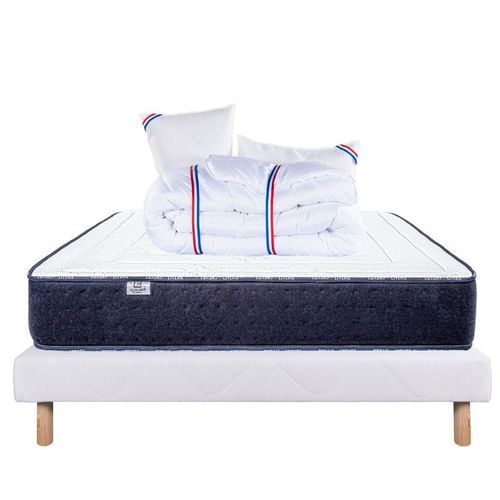 Ensemble Matelas Nuage (24cm), Sommier (13cm), Oreiller Et Couette -Mousse Haute Densité, Mi-Ferme, Face Été/Hiver - Blanc, 140x190cm