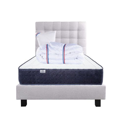 Ensemble Matelas Nuage (24cm), Sommier (20cm), Oreiller, Couette Et Tête De Lit- Mousses Haute Densité, Mi-Ferme, Double Face - Gris, 90x190cm
