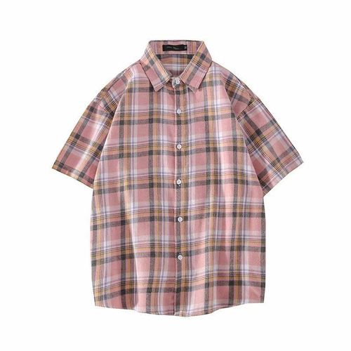 Chemise A Manches Courtes A Carreaux Rose Pour Hommes, Marque De Marée Tendance D'été, Chemise De Style Ample, Marée De Vetements D'extérieur Décontractés