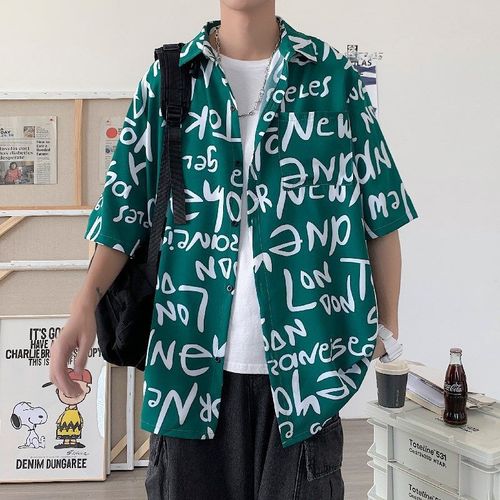 Été Japonais Simple Demi-Manches Fleur Chemise Hommes Hawaien Lâche Ins Tendance Plage Bord De Mer Vacances Chemise
