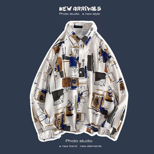 Printemps Et Automne Rétro Hauts A Manches Longues Chemises Pour Hommes Lâches Paresseux Manteaux De Couple Japonais A La Mode Marque A La Mode Chemises A Fleurs Polyvalentes