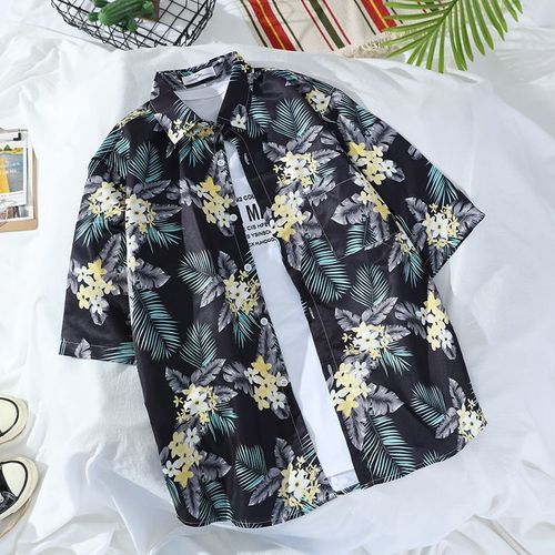 Coréen Rétro Hawaien Chemise A Manches Courtes Hommes Et Femmes Style Chic Lâche Couple Bord De Mer Plage Couleur Chemise Marée