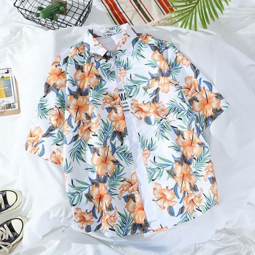 Coréen Rétro Hawaien Chemise A Manches Courtes Hommes Et Femmes Style Chic Lâche Couple Bord De Mer Plage Couleur Chemise Marée