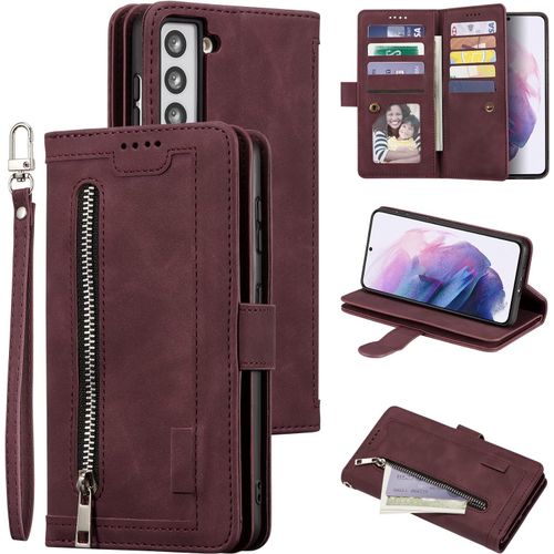 Coque Pour Samsung Galaxy S21 Plus 5g, Etui En Cuir Pu Portefeuille Retro Antichoc Flip Case Anti-Choc Housse Avec Fentes De Cartes Fonction Support, Fermeture Magnetique - Vin Rouge