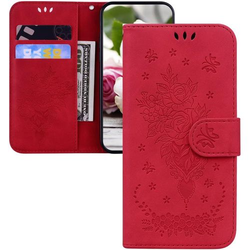 Coque Oppo A17,Portefeuille Etui Housse Pour Oppo A17 Coque Paillette Fleur Papillon En Relief Chat Pu Cuir Flip Couverture Pour Oppo A17,Tx Flower Red