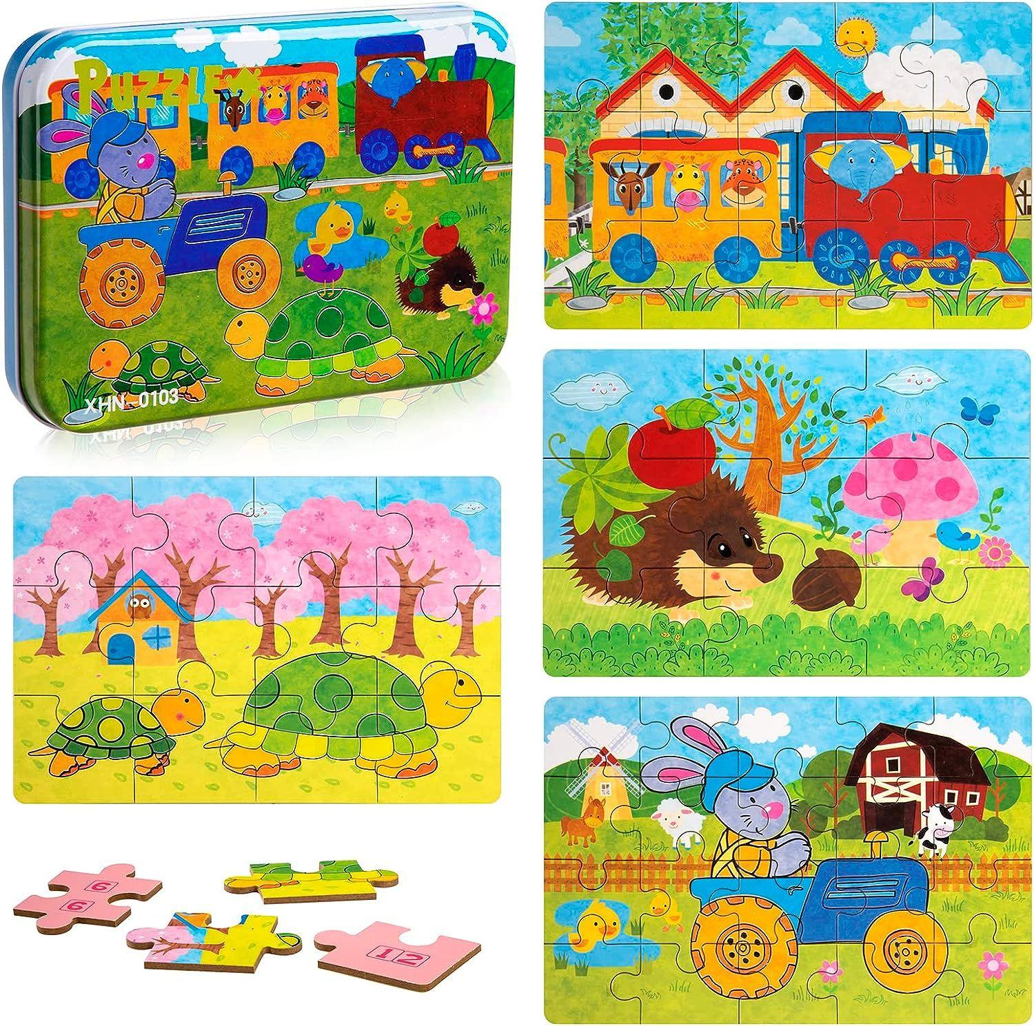 Puzzles en bois de 12 pièces pour les tout-petits, comprend 6 puzzles de  voiture de véhicule en bois et 6 puzzles de puzzle d'animaux Jouets  d'apprentissage éducatifs pour les enfants de 1