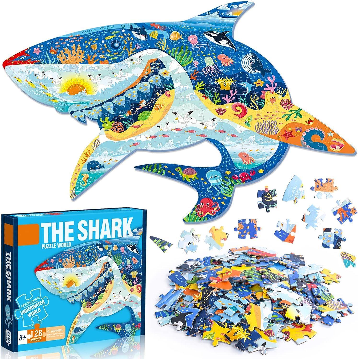 Puzzle Enfant, 128 Pièces Puzzle Animaux Enfant, Jouet Puzzles pour Enfant,  Jouet éducatif Enfant, Cadeau Jouet pour Fille et Garçon de 4 5 6 7 8 9 10  Ans (Requin)
