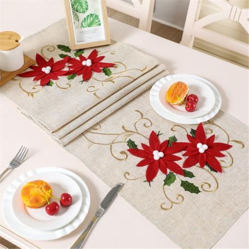 Chemin De Table De Luxe En Polyester Avec Fleurs Brodées, Linge De Table Pour L'extérieur, Décoration De Table Pour Fête De Noël, Q1jb