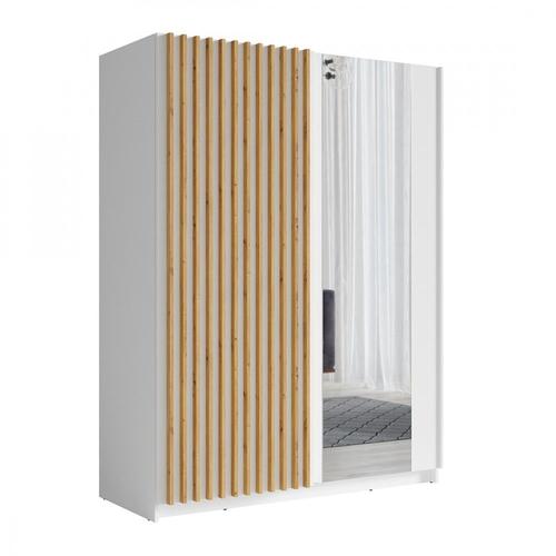 Armoire Design 150cm Coloris Blanc Et Chêne Collection Strano. Deux Portes Coulissantes. Dressing Complet Avec Miroir.