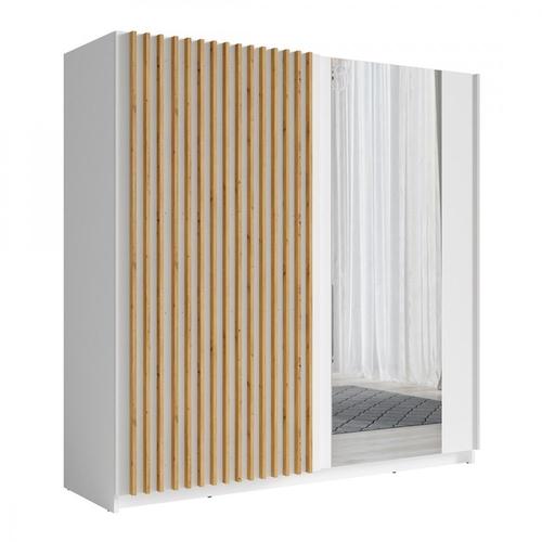 Armoire Design 200cm Coloris Blanc Et Chêne Collection Strano. Deux Portes Coulissantes. Dressing Complet Avec Miroir.