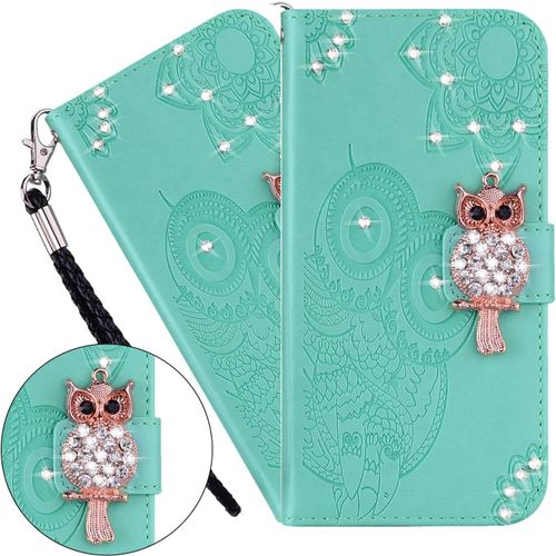 Coque Galaxy S20,Portefeuille Etui Housse Pour Samsung Galaxy S20 Coque Gaufrage Paillette Diamant Hibou Pu Cuir Flip Wallet Etui Coquille Couverture Pour Samsung Galaxy S20,Yk Owl Green