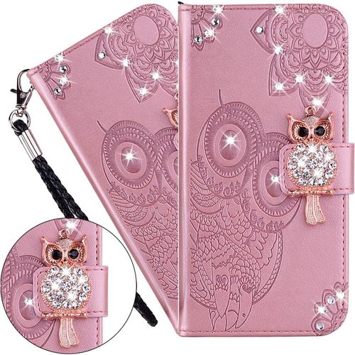 Coque Galaxy S20,Portefeuille Etui Housse Pour Samsung Galaxy S20 Coque Gaufrage Paillette Diamant Hibou Pu Cuir Flip Wallet Etui Coquille Couverture Pour Samsung Galaxy S20,Yk Owl Rose