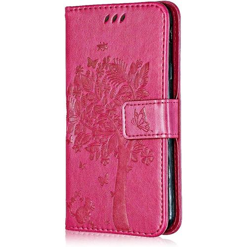 Coque Pour Samsung Galaxy A20e, Etui En Cuir Pu Portefeuille, Antichoc Flip Case Housse Retro Emboss Serie De Chat Et Darbre Pour Samsung Galaxy A20e - Rose Vif