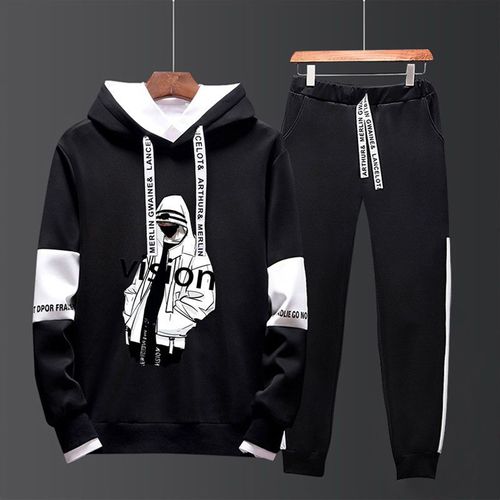 Automne Costume A Manches Longues Tendance De La Personnalité Masculine Version Coréenne Beau Pull A Capuche En Deux Pieces T-Shirt Ample Pour Jeunes Hommes