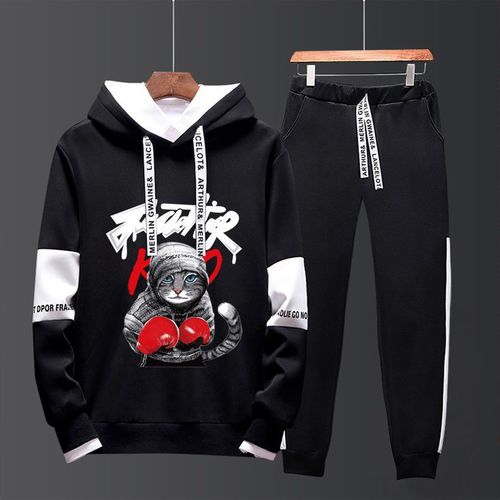 Automne Costume A Manches Longues Tendance De La Personnalité Masculine Version Coréenne Beau Pull A Capuche En Deux Pieces T-Shirt Ample Pour Jeunes Hommes