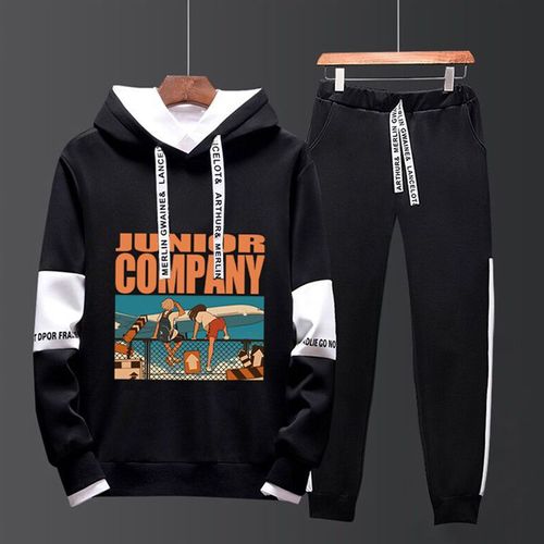 Automne Costume A Manches Longues Tendance De La Personnalité Masculine Version Coréenne Beau Pull A Capuche En Deux Pieces T-Shirt Ample Pour Jeunes Hommes