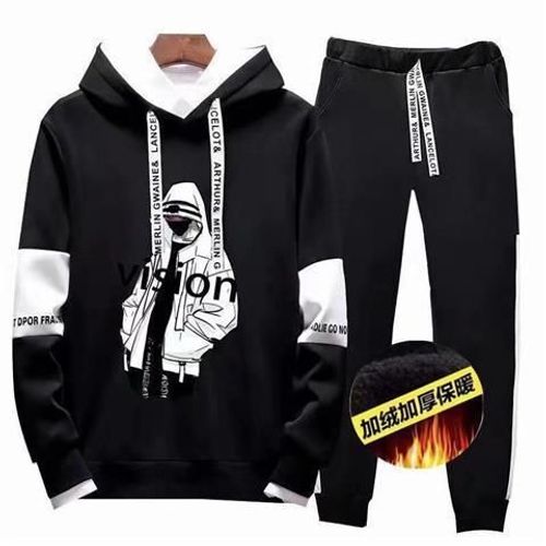 Automne Costume A Manches Longues Tendance De La Personnalité Masculine Version Coréenne Beau Pull A Capuche En Deux Pieces T-Shirt Ample Pour Jeunes Hommes