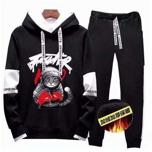 Automne Costume A Manches Longues Tendance De La Personnalité Masculine Version Coréenne Beau Pull A Capuche En Deux Pieces T-Shirt Ample Pour Jeunes Hommes