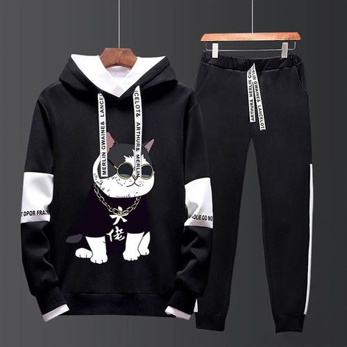 Automne Costume A Manches Longues Tendance De La Personnalité Masculine Version Coréenne Beau Pull A Capuche En Deux Pieces T-Shirt Ample Pour Jeunes Hommes