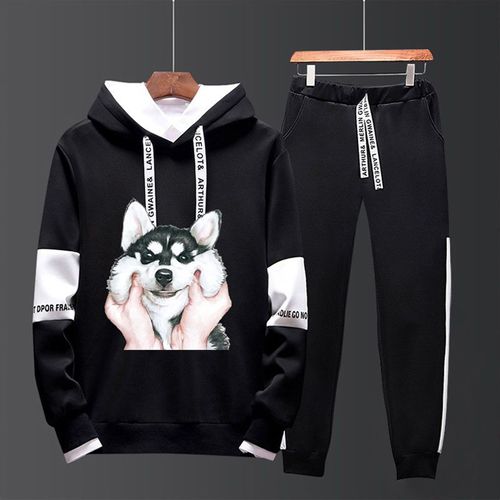 Automne Costume A Manches Longues Tendance De La Personnalité Masculine Version Coréenne Beau Pull A Capuche En Deux Pieces T-Shirt Ample Pour Jeunes Hommes