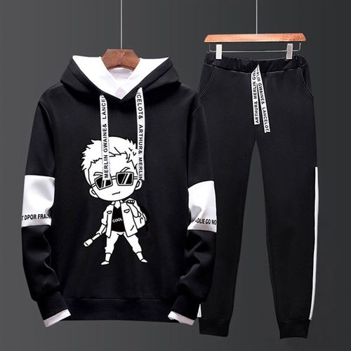Automne Costume A Manches Longues Tendance De La Personnalité Masculine Version Coréenne Beau Pull A Capuche En Deux Pieces T-Shirt Ample Pour Jeunes Hommes
