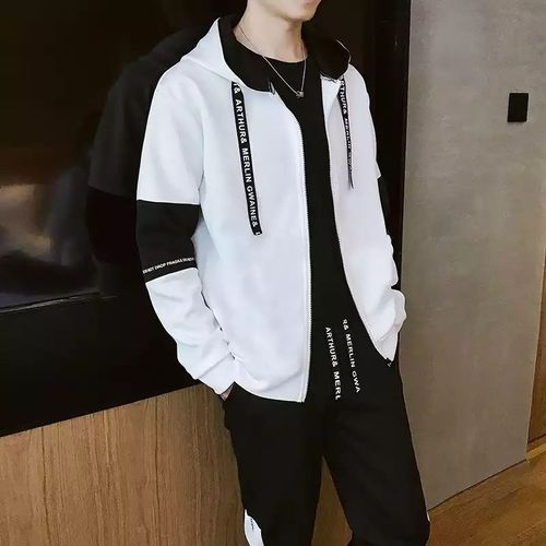 Automne Costume A Manches Longues Tendance De La Personnalité Masculine Version Coréenne Beau Pull A Capuche En Deux Pieces T-Shirt Ample Pour Jeunes Hommes