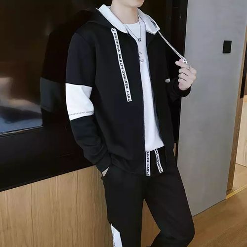 Automne Costume A Manches Longues Tendance De La Personnalité Masculine Version Coréenne Beau Pull A Capuche En Deux Pieces T-Shirt Ample Pour Jeunes Hommes