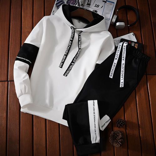 Automne Costume A Manches Longues Tendance De La Personnalité Masculine Version Coréenne Beau Pull A Capuche En Deux Pieces T-Shirt Ample Pour Jeunes Hommes