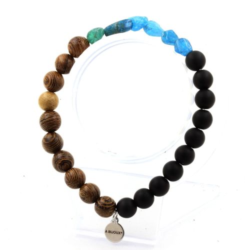 Bracelet Apatite Bleu Du Brésil + Perles Onyx Noir Mat + Bois 8 Mm. Fabriqué En France.