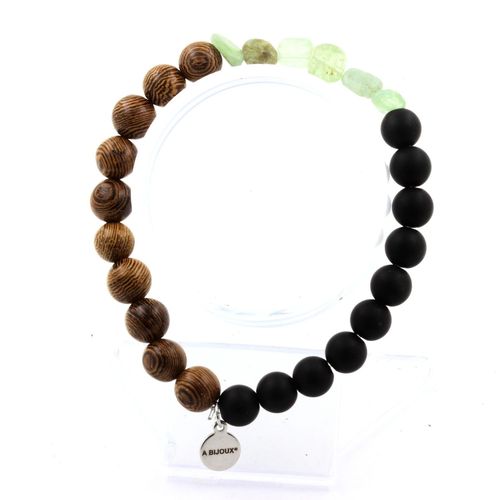 Bracelet Cyanite Verte Du Brésil + Perles Onyx Noir Mat + Bois 8 Mm. Fabriqué En France.