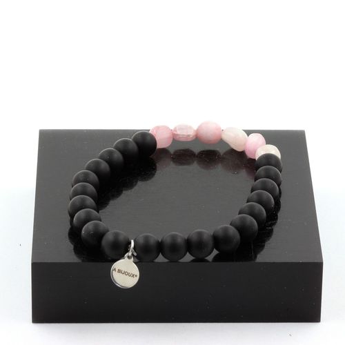 Bracelet Kunzite Du Brésil + Perles Onyx Noir Mat + Bois 8 Mm. Fabriqué En France.