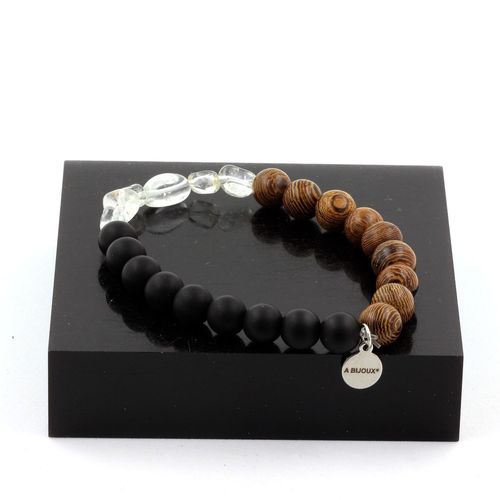 Bracelet Topaze Du Brésil + Perles Onyx Noir Mat + Bois 8 Mm. Fabriqué En France.