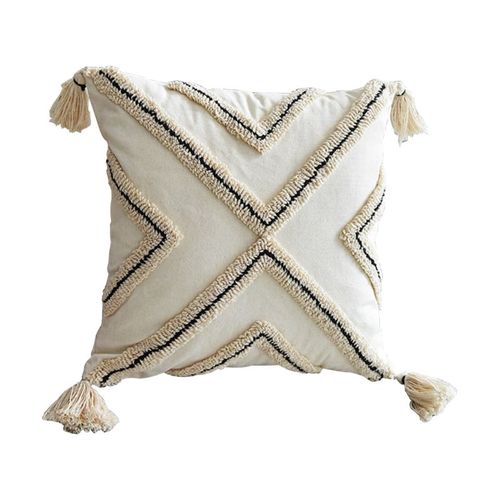 Juste De Coussin En Coton À Rayures Géométriques, Style Nordique Boho, Taie D'oreiller Tissée, Tuftée, Coque Avec Pompon, Canapé