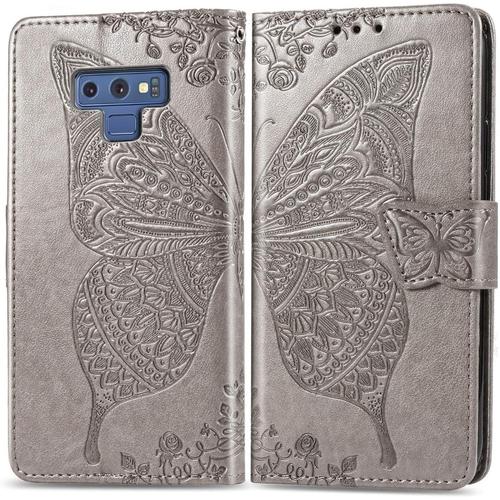 Coque Pour Samsung Galaxy Note 9,Housse Coque Etui Case Cuir Flip Portefeuille Porte Carte À Rabat Magnétique Motif Silicone Fine Cover Étui Antichoc Pour Samsung Galaxy Note 9-Gris