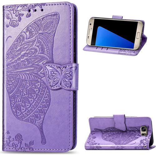 Coque Pour Samsung Galaxy S7,Housse Coque Etui Case Cuir Flip Portefeuille Porte Carte À Rabat Magnétique Motif Silicone Fine Cover Étui Antichoc Pour Samsung Galaxy S7-Violet Clair