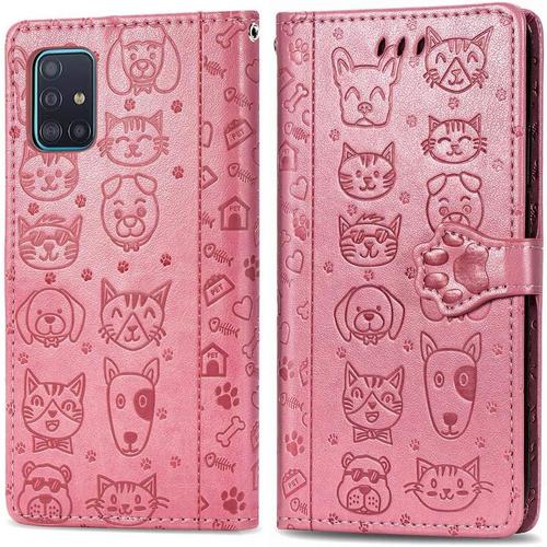 Compatible With Samsung Galaxy A71 5g Coque Fermeture Magnétique Svelte Pu Cuir Pour Femme Antichoc Protecteur Housse Flip Étui Pochette Cover Pour Galaxy A71 5g Cat Dog Pink Sd.