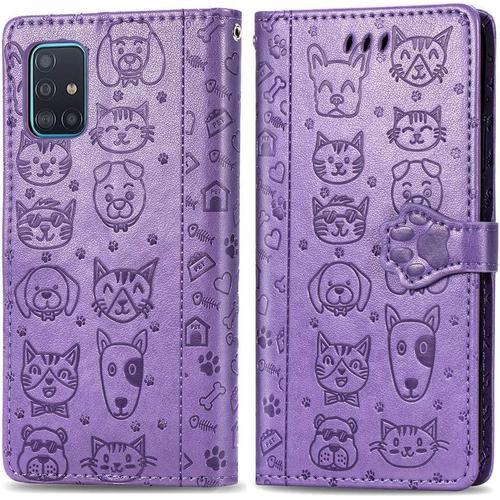 Compatible With Samsung Galaxy A71 5g Coque Fermeture Magnétique Svelte Pu Cuir Pour Femme Antichoc Protecteur Housse Flip Étui Pochette Cover Pour Galaxy A71 5g Cat Dog Purple Sd.