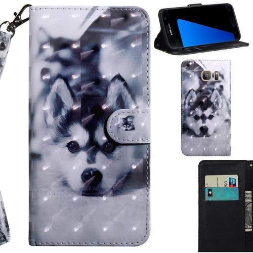 3d Coque Pour Samsung Galaxy S7, Pu Cuir Flip Housse Étui Rabat Cover Case Wallet Portefeuille Support Avec Porte-Cartes Pochettes Dragonne Fermoir Magnétique - Chien