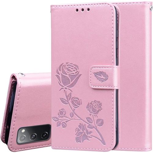 Flip Coque Samsung Galaxy S20 Fe 5g/4g Etui Portefeuille Fleur Rose En Relief Étui Portefeuille Avec Fonction De Support Porte Cartes De Crédit Fermeture Magnétique Or Rose