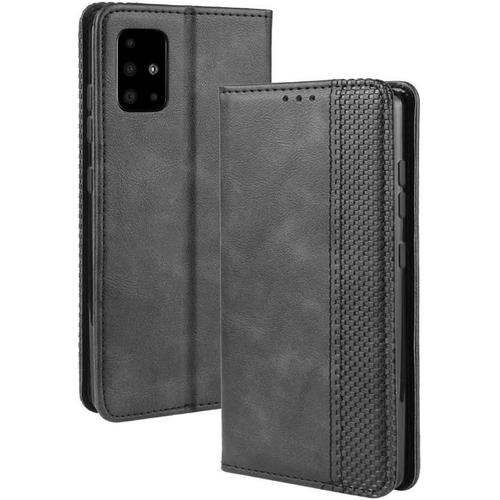 Rétro Coque Compatible Avec Samsung Galaxy A51 Cover Etui Portefeuille En Cuir Fermeture Magnétique Porte Folio Folio Pour Cartes Noir