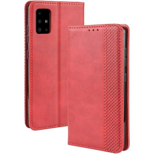 Rétro Coque Compatible Avec Samsung Galaxy A51 Cover Etui Portefeuille En Cuir Fermeture Magnétique Porte Folio Folio Pour Cartes Rouge