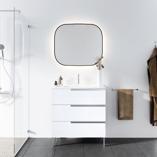 Meuble De Salle De Bains 80cm Blanc Glossy 3 Tiroirs Avec Vasque Céramique Blanche - One