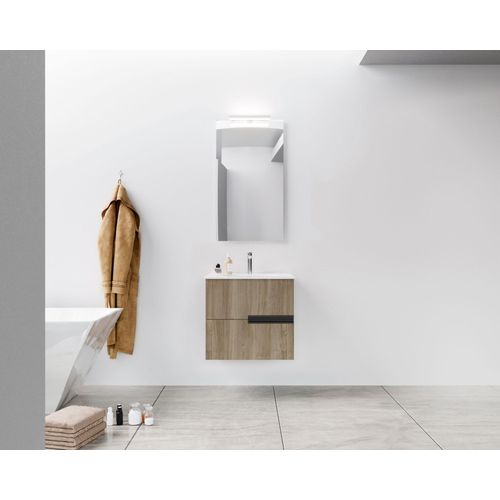 Meuble De Salle De Bains 60cm Chêne Foncé 2 Tiroirs Avec Vasque Céramique Blanche - One