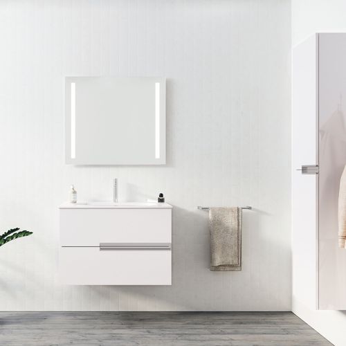 Meuble De Salle De Bains 80cm Blanc Glossy 2 Tiroirs Avec Vasque Céramique Blanche - One