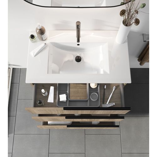 Meuble De Salle De Bains 80cm Chêne Foncé 3 Tiroirs Avec Vasque Céramique Blanche - One