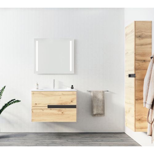 Meuble De Salle De Bains 80cm Chêne Clair 2 Tiroirs Avec Vasque Céramique Blanche - One