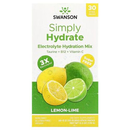 Swanson, Simply Hydrate, Mélange D'hydratation Aux Électrolytes, Sans Sucre, Citron Vert, 30 Sachets En Stick, 5,92 G Chacun