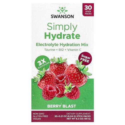 Swanson, Simply Hydrate, Mélange D'hydratation Et D'électrolytes, Sans Sucre, Berry Blast, 30 Sachets En Stick, 6,04 G Chacun
