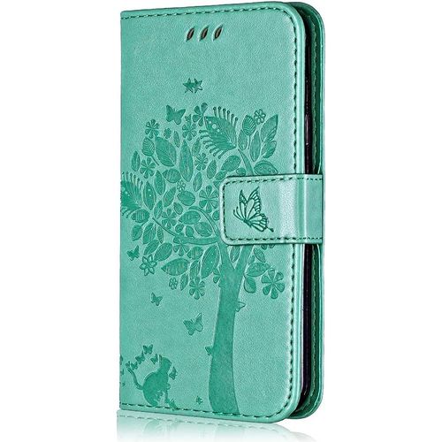 Coque Pour Samsung Galaxy S20 Plus, Etui En Cuir Pu Portefeuille, Antichoc Flip Case Housse Retro Emboss Serie De Chat Et Darbre Pour Samsung Galaxy S20 Plus - Vert