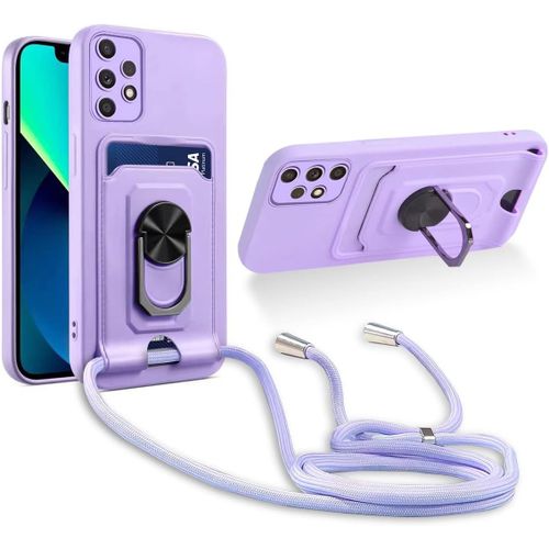 Cordon De Coque Compatible Avec Samsung Galaxy A72 4g/5g,[Bequille 360'rotatif] [Fentes Pour Cartes] Antichoc Reglable Lanyard Silicone Case - Pourpre